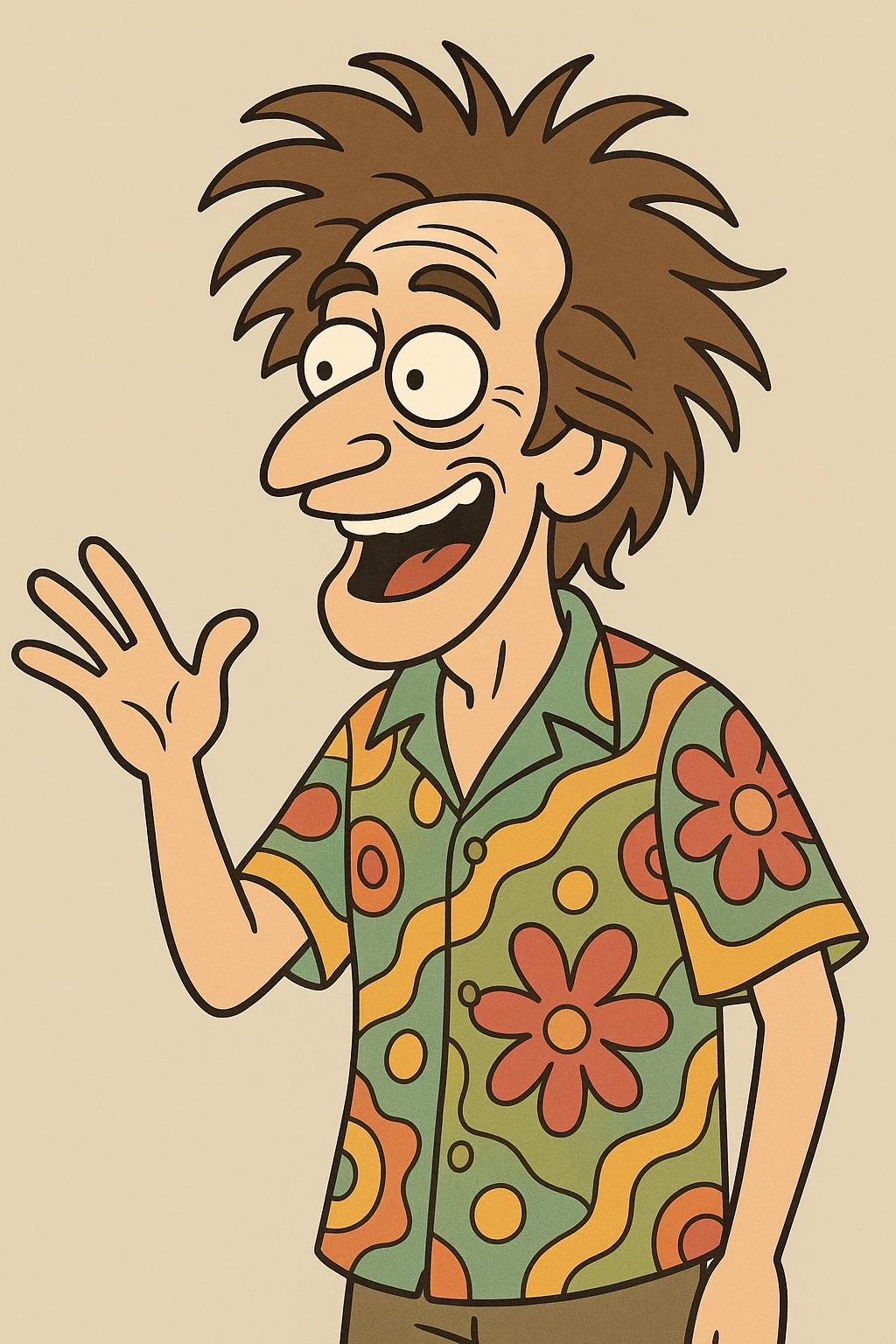 Shimmy Jimmy from the movie Blended, energetic, wild hair, colorful shirt, expressive face, cartoon style emoji