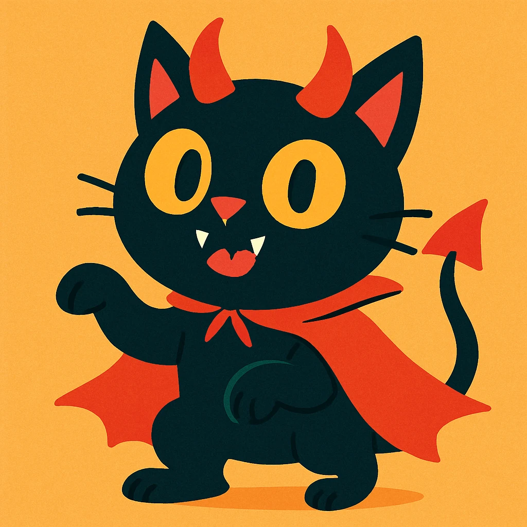 black cat with devil horns and a cape, vibrant cartoon style emoji
