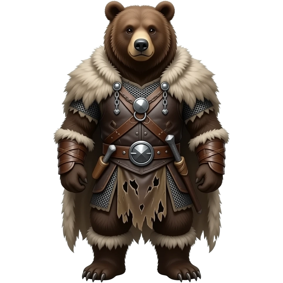 A realistic bear-man dressed in medieval savage outfit. Full body. emoji