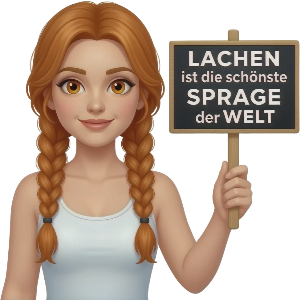 sexy girl with long ginger braids and ginger eyes wearing a white tanktop is holding a black sign with LACHEN ist die schönste SPRACHE der WELT written on it emoji
