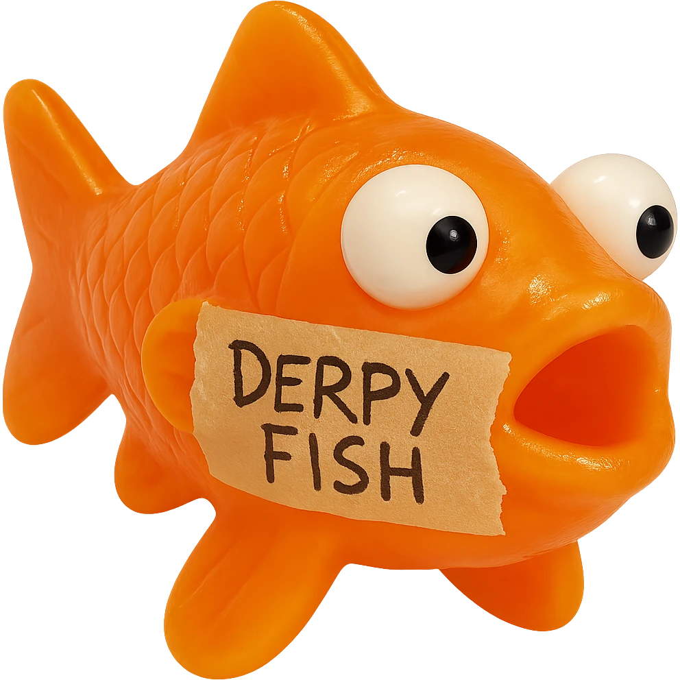 Update the fish color to bright orange #FF8F15 with slight transparency and increased shininess. Add realistic masking tape stuck across the whole side with 'Derpy Fish' written in sloppy sharpie handwriting. Maintain the retro 90's toy look with derpy eyes, soft plastic, soft and squishy texture, some cloudiness, and high detail. The masking tape should look clearly stuck to the fish's body. No background. emoji