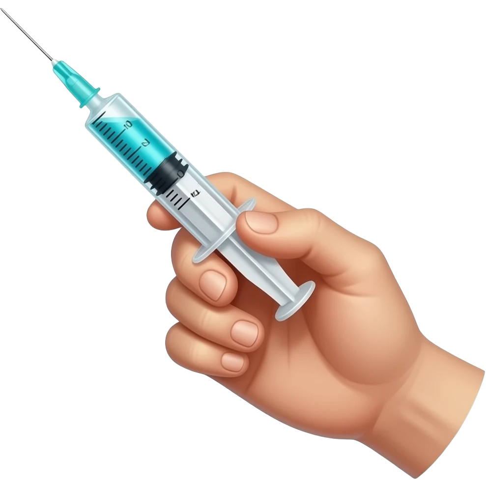 A dainty male hand holding a syringe with glowing neon-cyan-blue liquid inside emoji