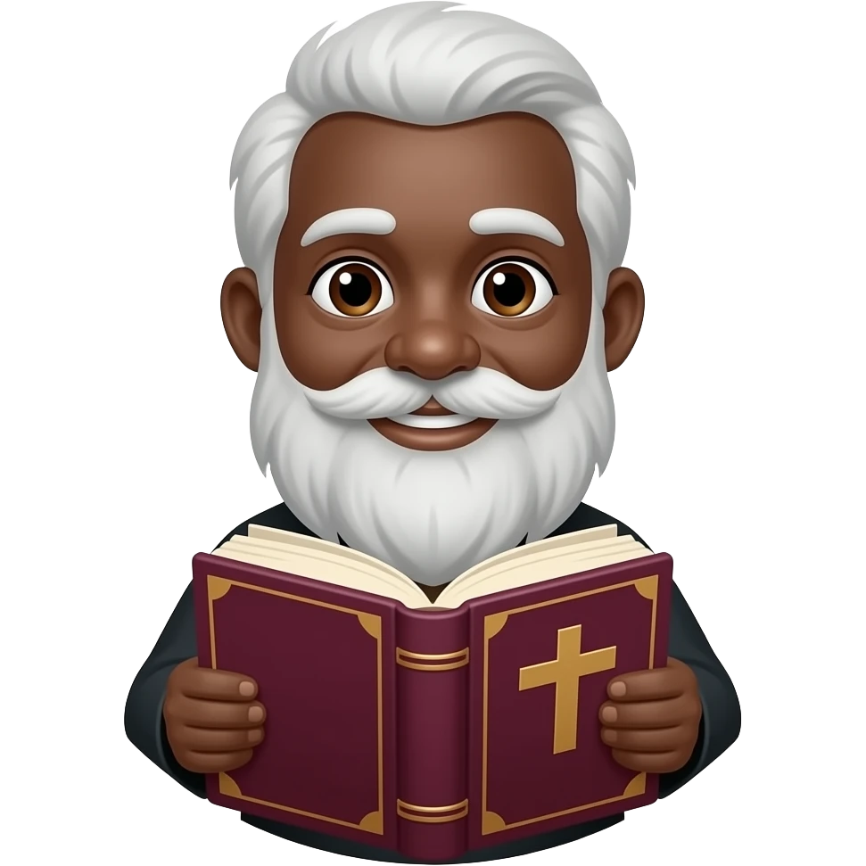 wise old man with greying white hair little smile brown eyes white beard black skin with burgundy book that has a cross on it no circle emoji