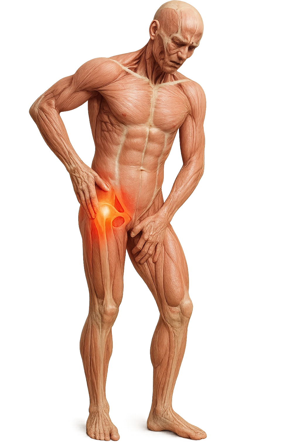CORPO UMANO ANATOMICO A FIGURA INTERA REALISTICO CHE SI TOCCA L'ANCA INFIAMMATA, DOLORE ALL'ANCA, IPERREALISTICO 4K emoji