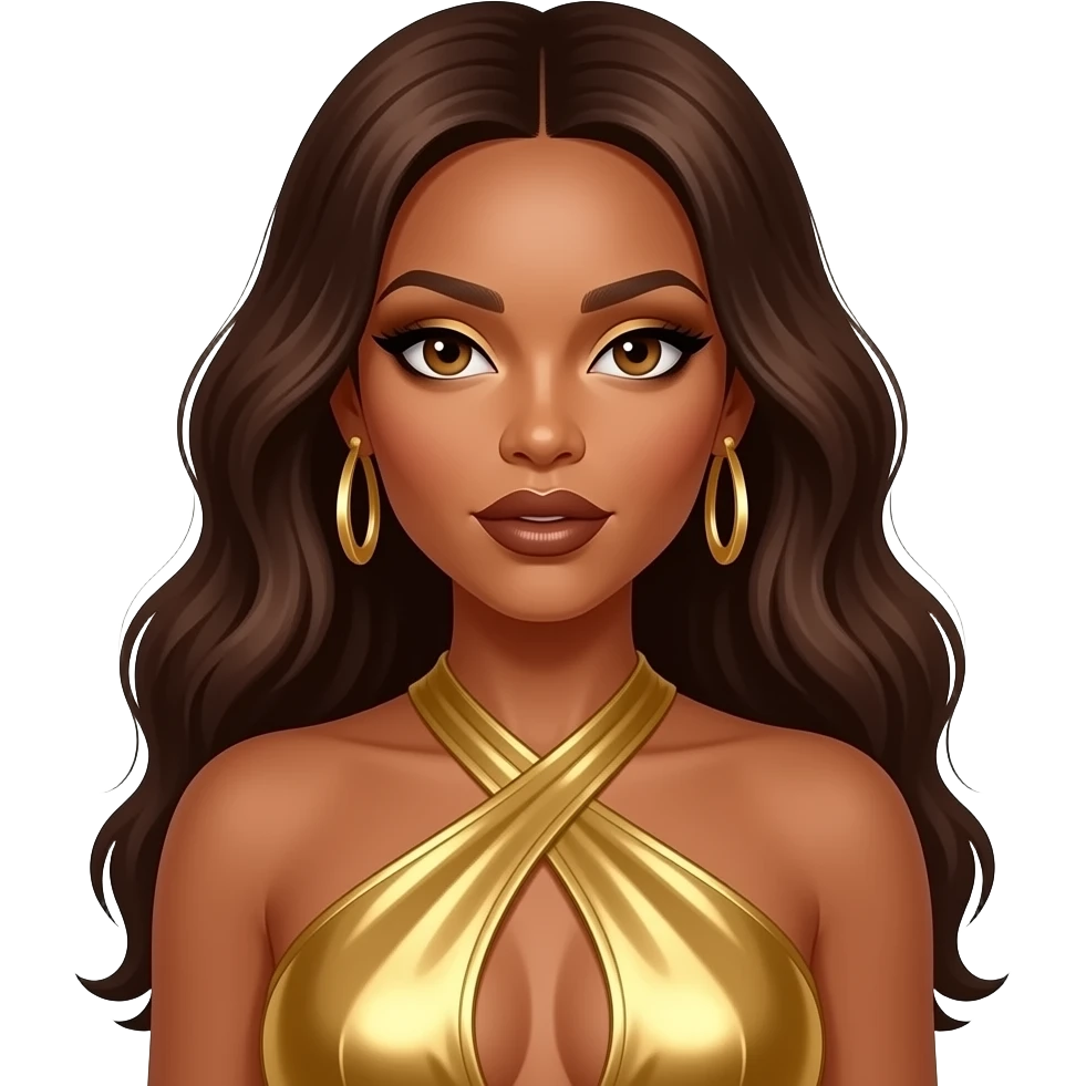 Beyonce with hazel eyes, long dark brown hair, gold eyeshadow, dark bronze lipstick, gold metallic halter dress, gold earrings emoji