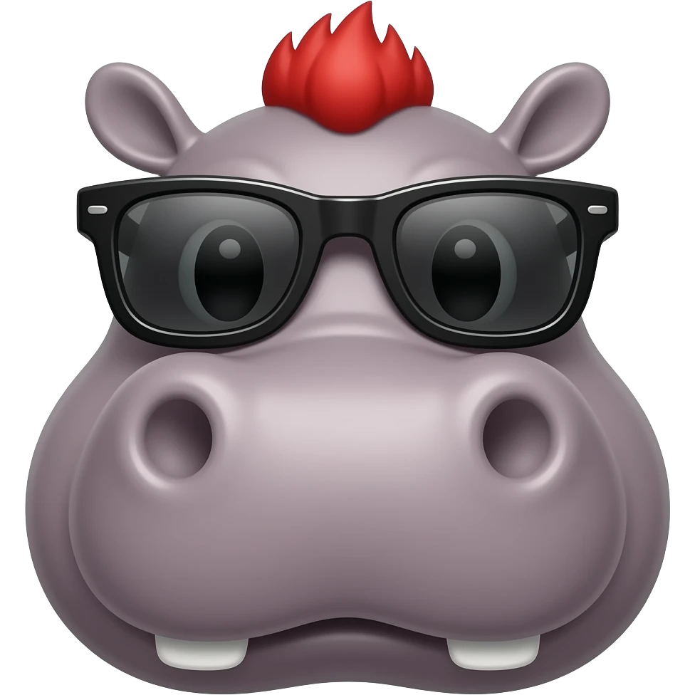 hippo with sunglassess face front view and red hair emoji