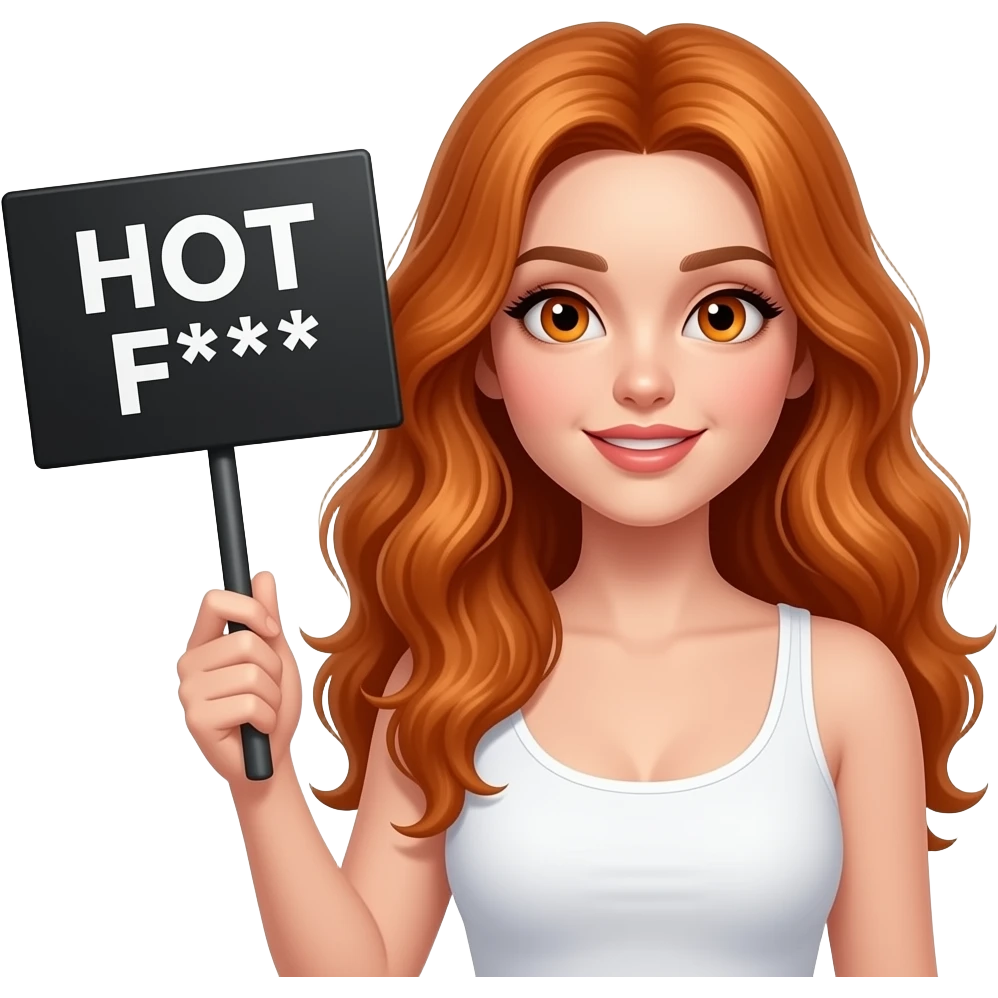 sexy girl with long wavy ginger hair and ginger eyes wearing a white tanktop is holding a black colored sign with HOT as F*** written on it emoji
