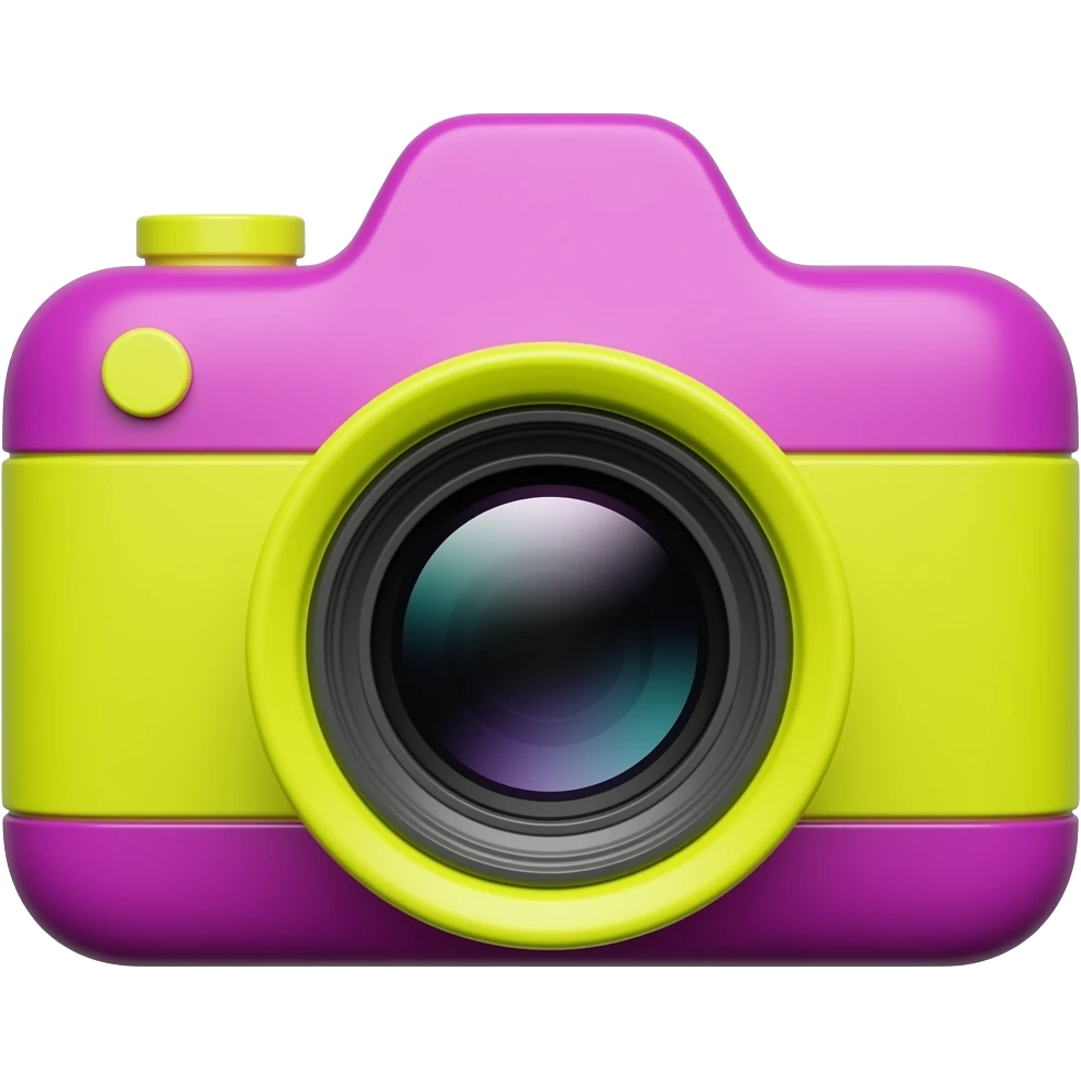 Glossy 3D rendered camera emoji, front-facing, detailed lens barrel and film reels, slightly rounded edges, highly saturated deep magenta (#B4018C) body, vivid neon yellow (#FFF200) lens and accents, no muted tones, soft shading, white background emoji