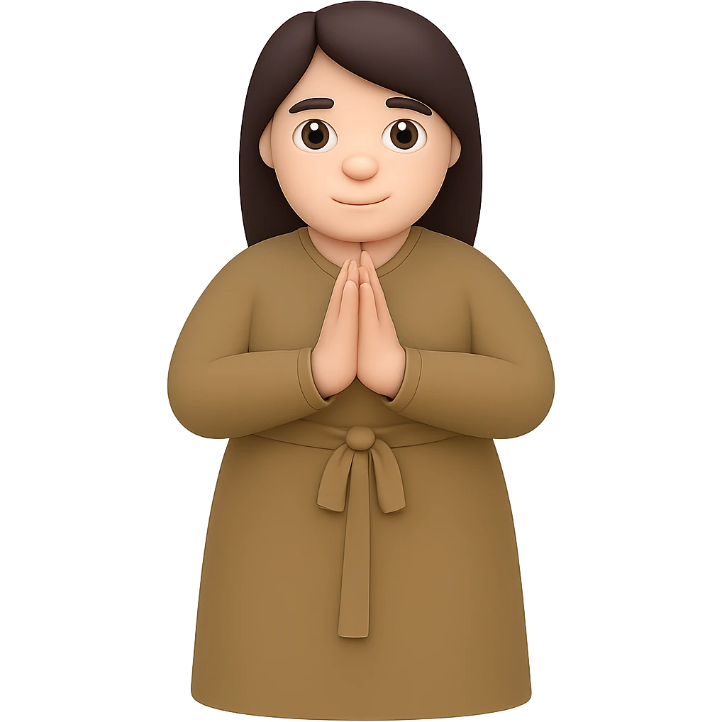 Make the woman a little thicker (not very thin), standing and praying from the front view, wearing a long tan dress, with dark brown hair, in emoji style, with no background. emoji