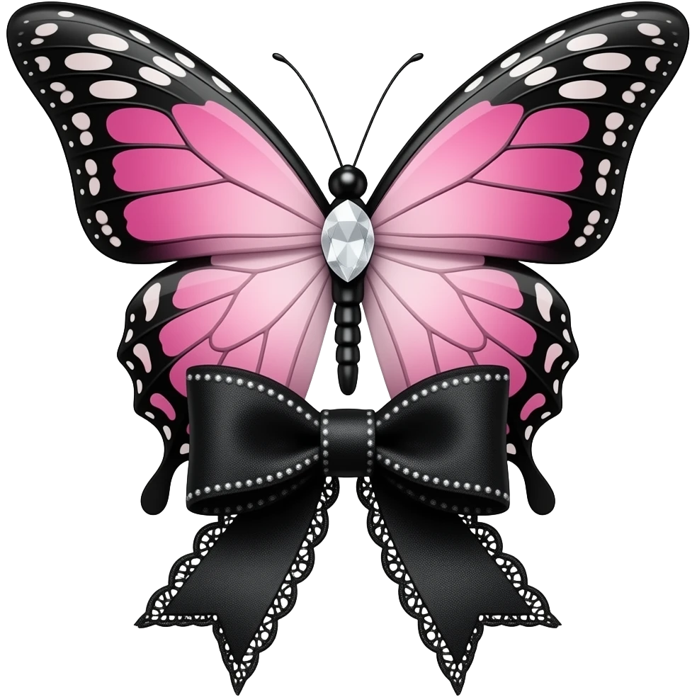 rosa em degradê, gema branca, elegante borboleta de vidro vibrante em tom rosa suave.borboleta, laço gótico emoji 3D, veludo preto, filigrana prateada, acabamento em renda preta,Sparkling black butterfly emoji