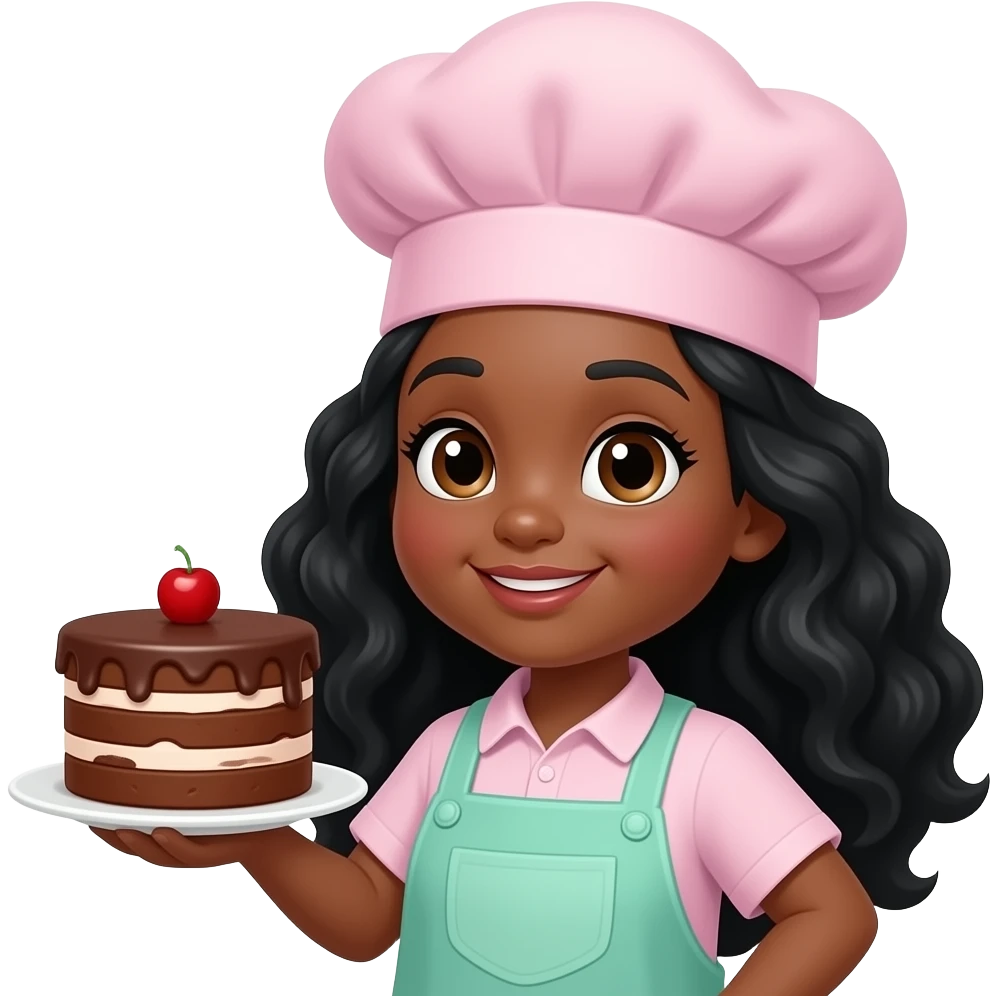 chicade piel morocha con rulos negros largos y vestida con gorro de pastelera rosa viejo y delantal verde menta con torta en mano emoji