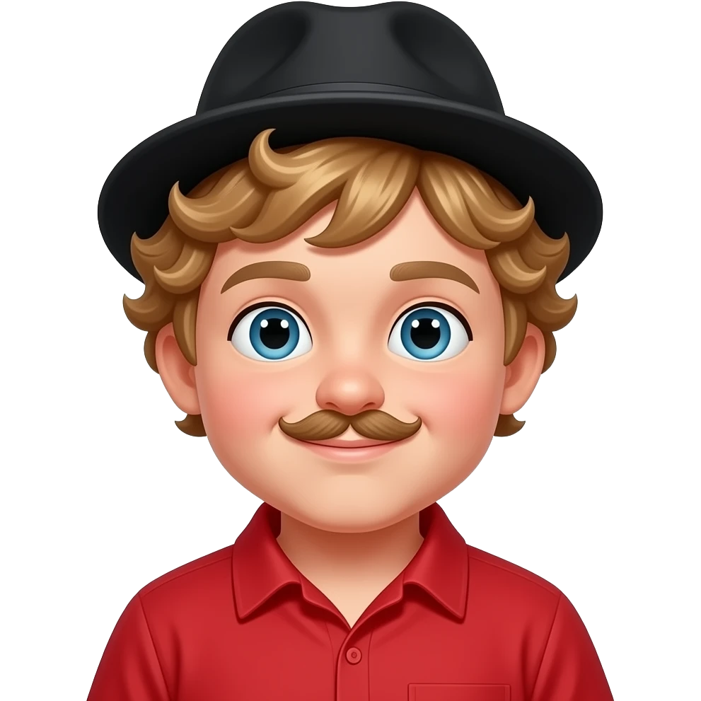 a fat young boy with mostache wear a red shirt and black hat and curly golden hairs emoji