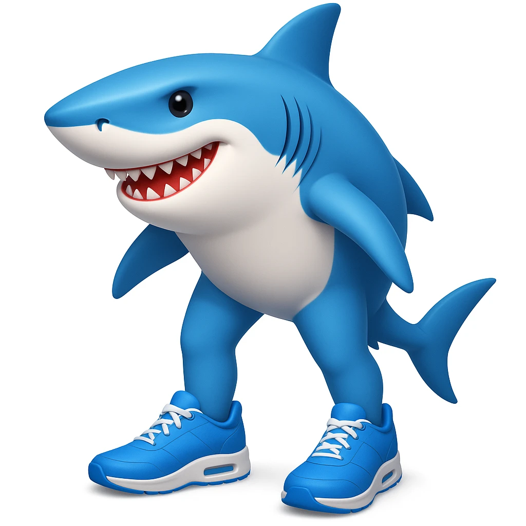 Add legs to the shark so it is actually wearing the blue shoes, keeping the style similar to emoji style (apple style emojis). emoji