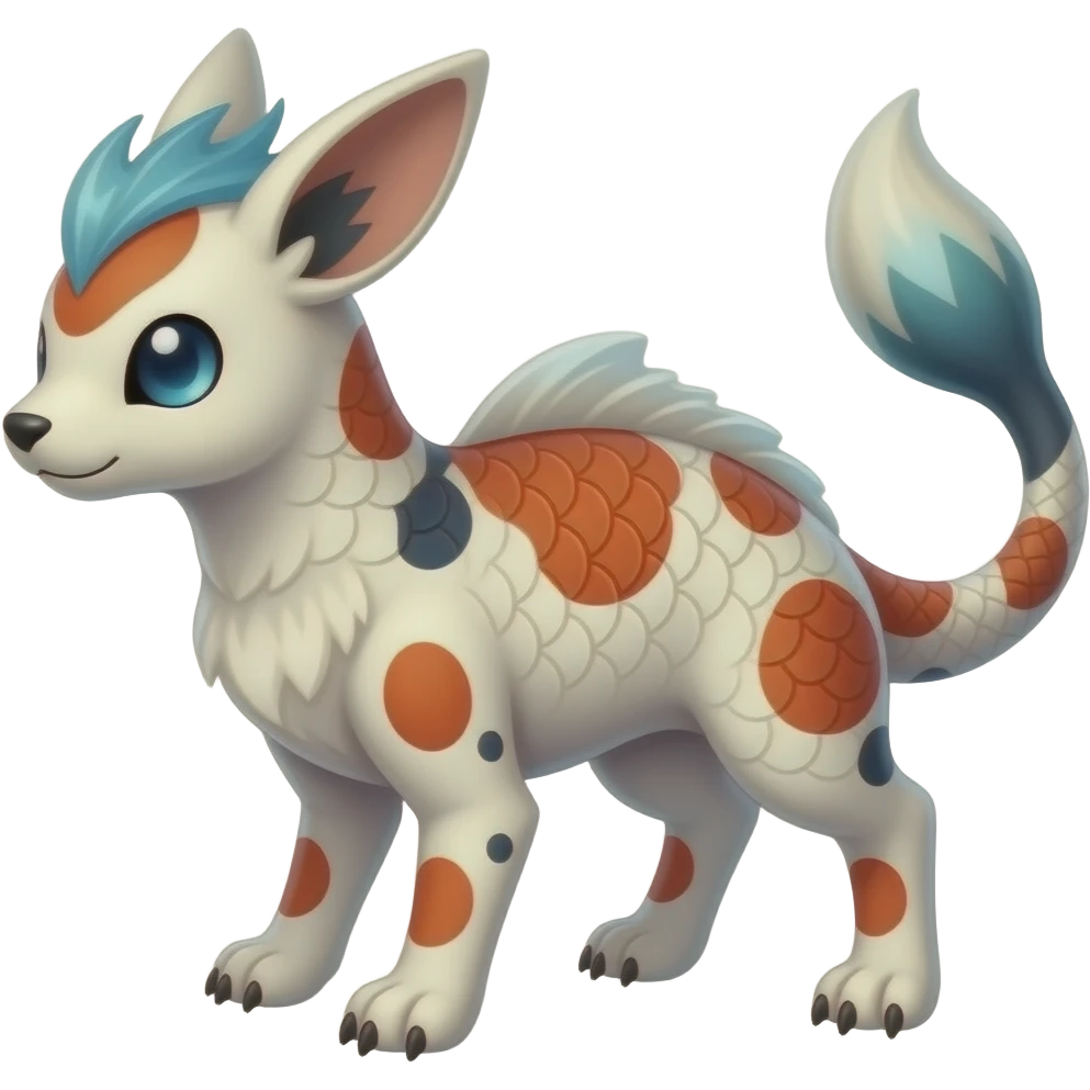 Koi-patterned ancient Short-legged quadrupedal elegant oriental feral painted Absol-Glaceon-Sylveon-animal-Fakémon-fusion-hybrid-creature emoji