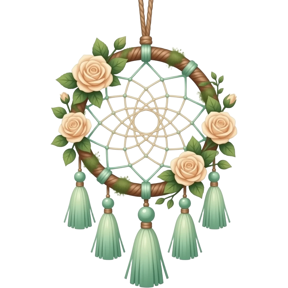 Hippie-like Cute dainty neat Pastel Green-white-brownish-beige-gradients thread-rope-hanging dreamcatcher, pastel colors, whitish, light, green academia aesthetic, mossy, with green vines and beige roses, Cottagecore, Princesscore, shiny glistening, vintage, tassels emoji
