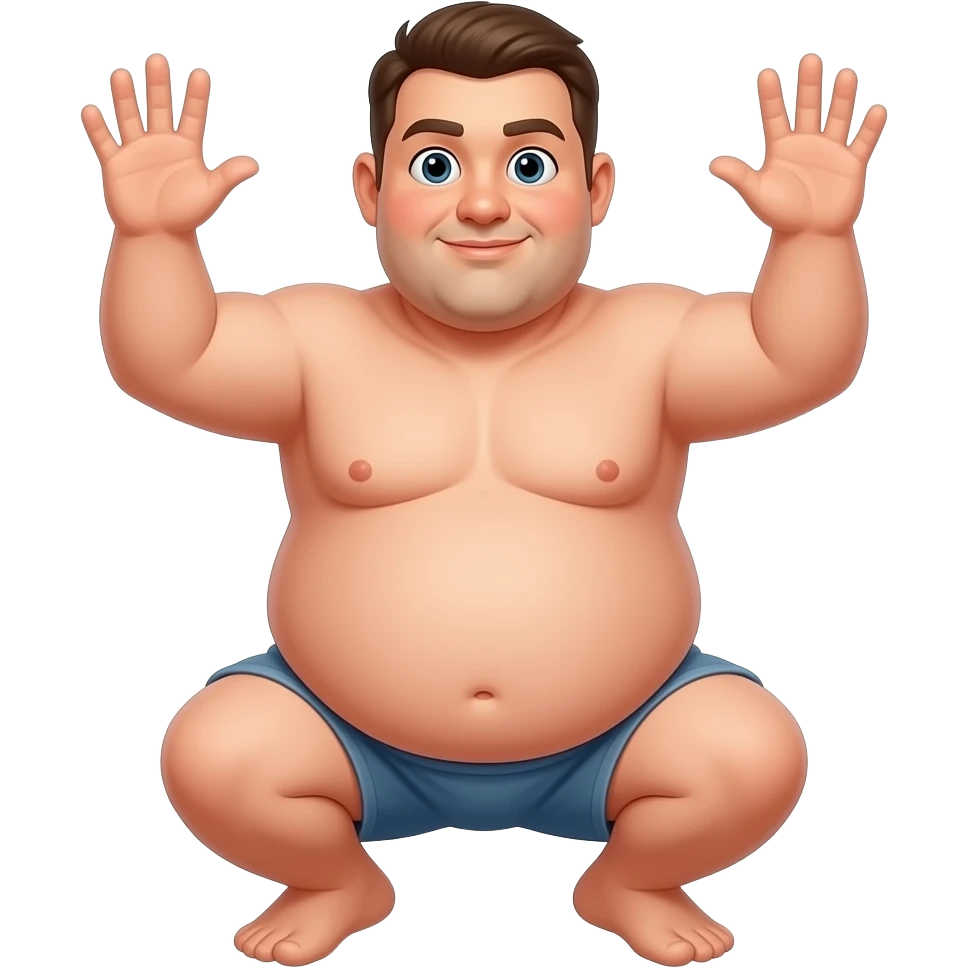 Nude chubby guy, crouching hands up big dick emoji