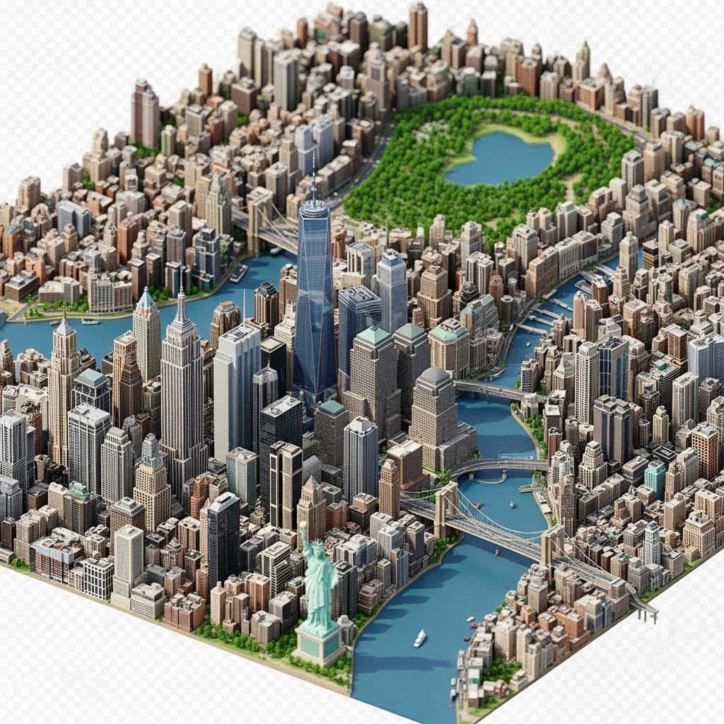 Isometric miniature of New York Сity Empire State Building, One World Trade Center, Statue of Liberty, Brooklyn Bridge, and Central Park chaotic low-rise blocks in outer boroughs 3D miniature effect and Tilt Shift effect, no cartoonish look, transparent background. emoji