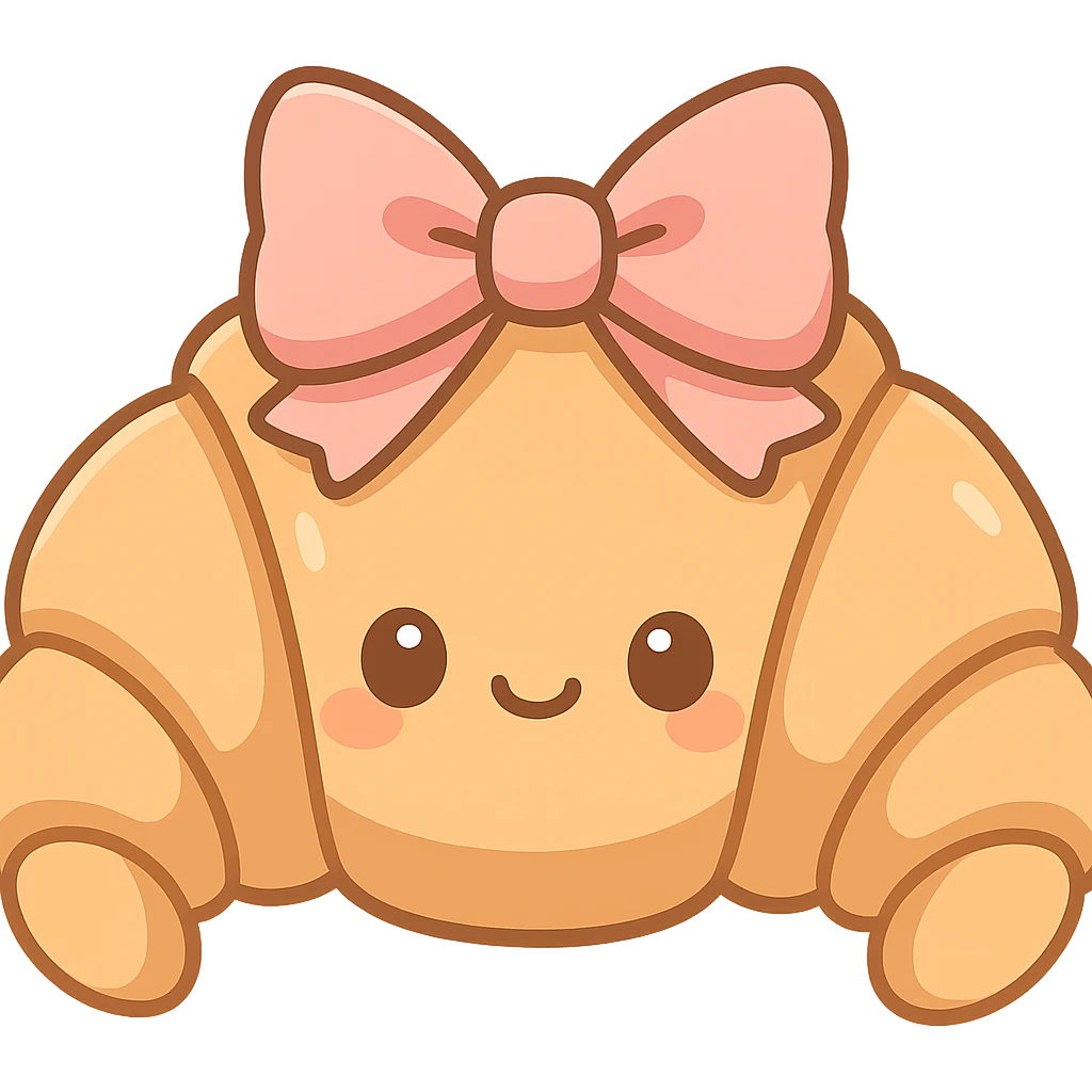 chibi sticker-style croissant with a bow, cute and exaggerated emoji