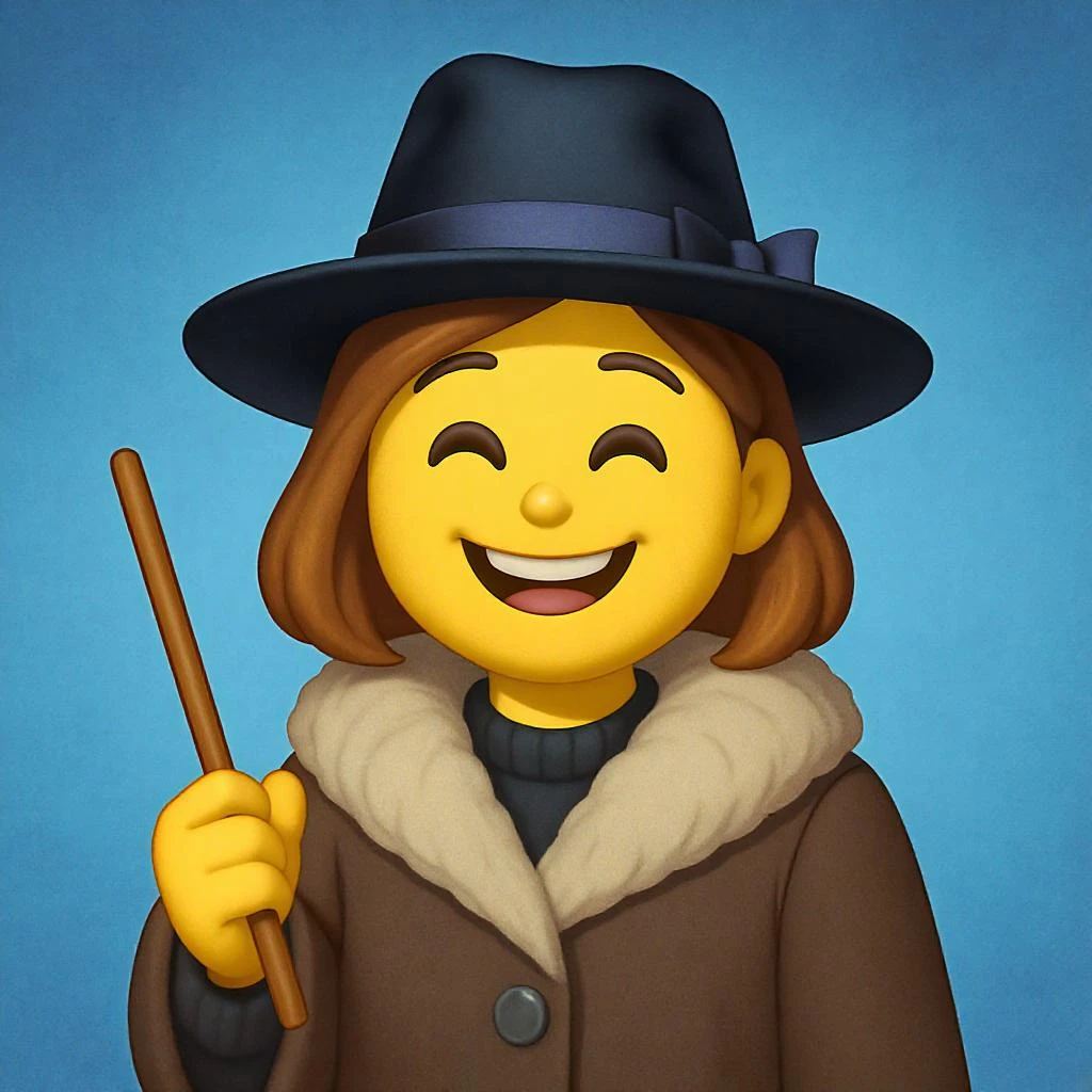 An animated emoji of a person wearing a hat and fur coat, holding a wand, with a blue background emoji