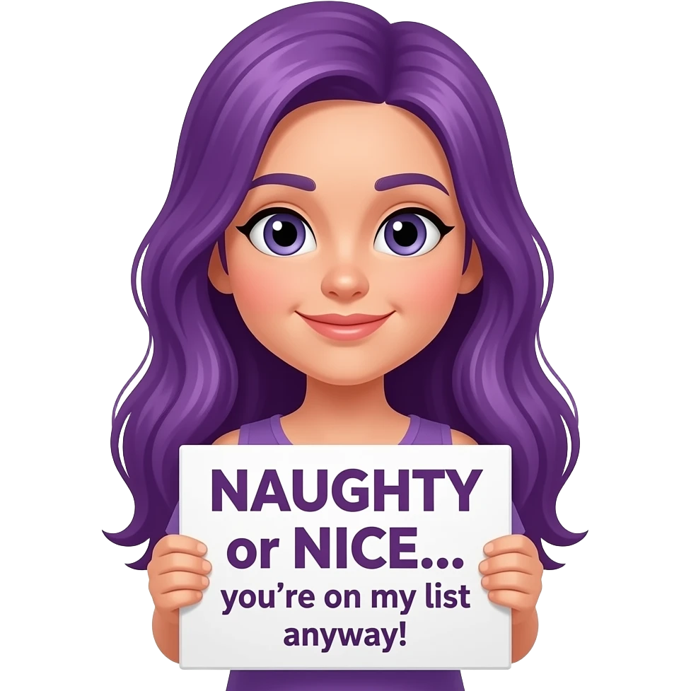 girl with long purple hair holding a NAUGHTY or NICE... you're on my list anyway! sign emoji