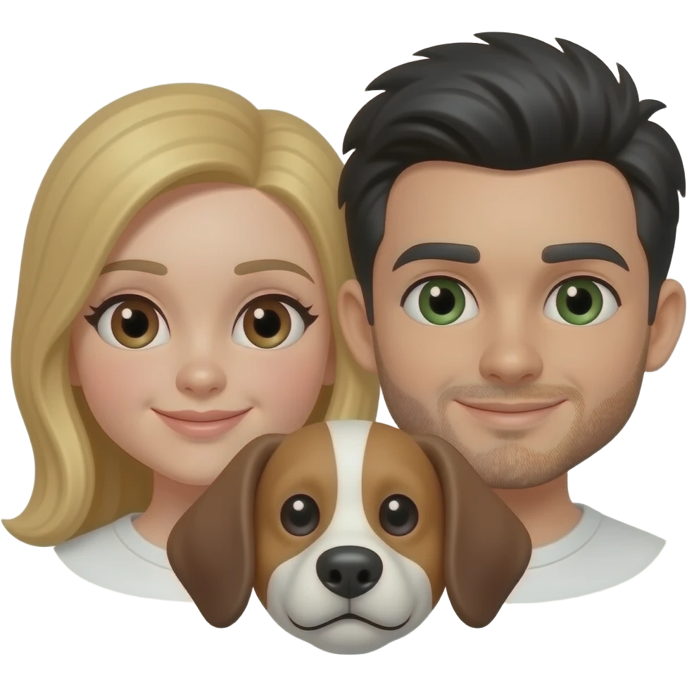 Pareja y perro estilo emoticono de WhatsApp, solo caras, muy juntos. Chica con pelo largo rubio, piel clara y ojos marrones. Chico con piel clara, pelo negro, barba fina visible y ojos verde oscuro. Perro estilo default, orejas caídas, marrón con blanco entre los ojos. emoji