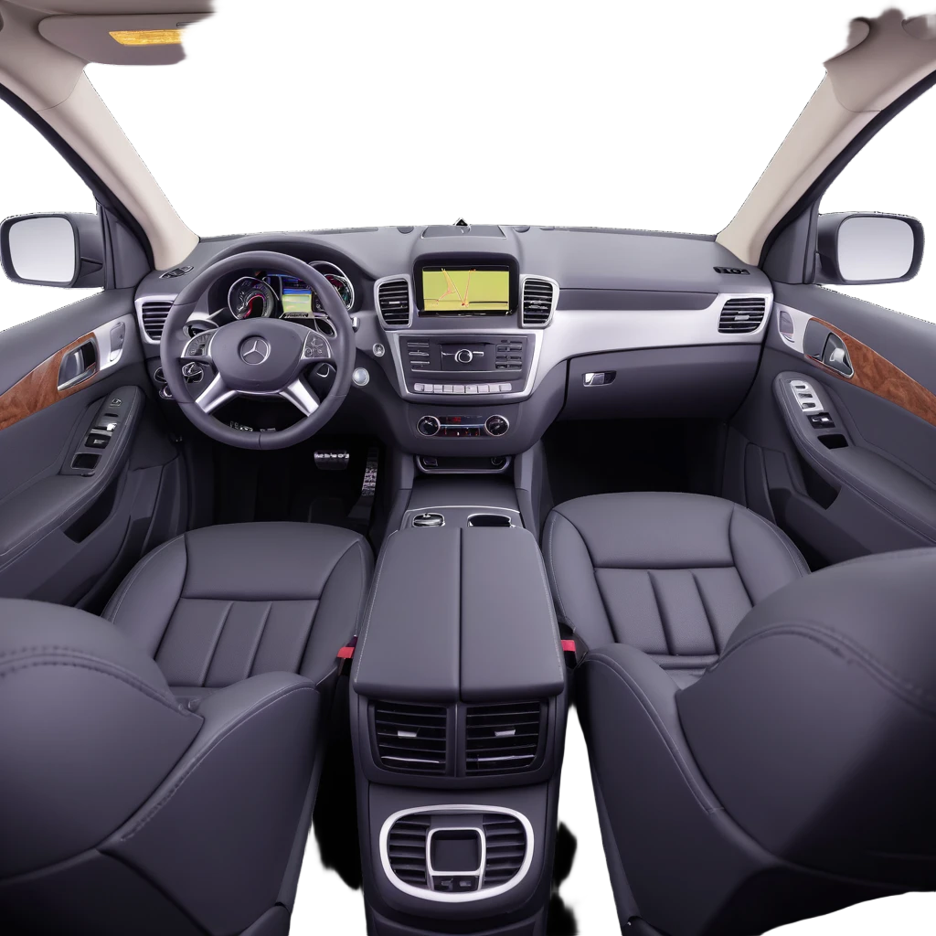 3D style image of the interior of a 2015 Mercedes Benz ML350, black leather seats, dashboard and steering wheel, luxury SUV details, rear seats view emoji