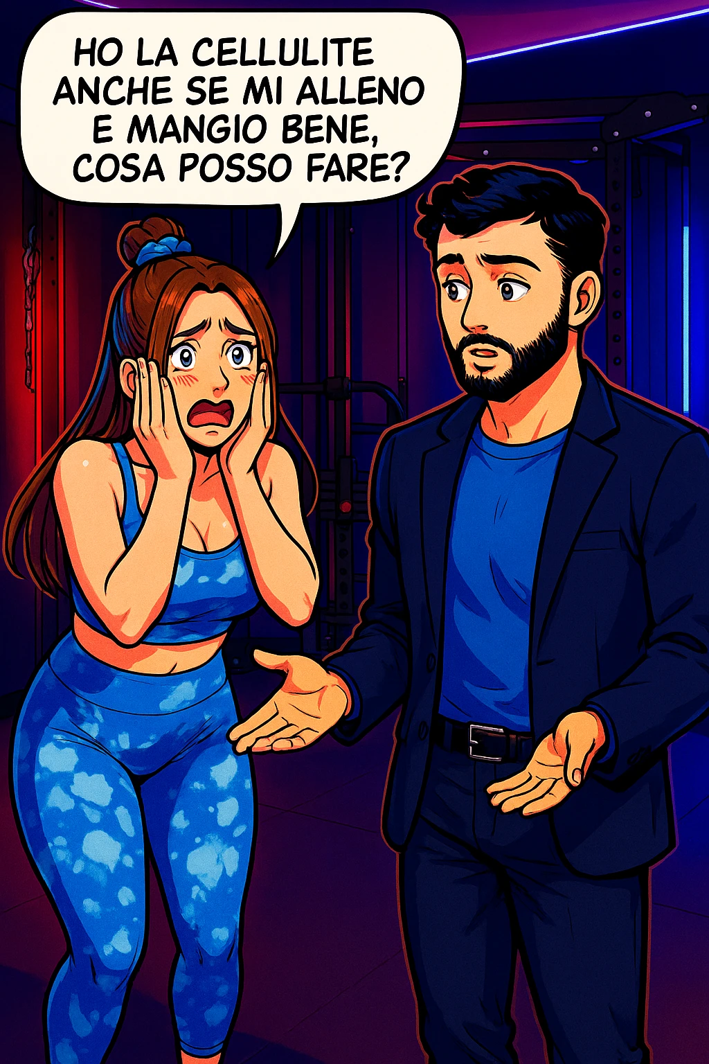 TRASFORMA QUESTO CAROSELLO IN UN FUMETTO STILE WEBTOON/MANGA A COLORI CON QUESTE DUE PERSONE IDENTICHE CHE INTERLOQUISCONO TRA LORO, LA DONNA è DISPERATA CON LE MANI SULLE GUANCE E STA DOMANDANDO TUTTA AGITATA UNA COSA ALL'UOMO:

LEI (DONNA): Ho la cellulite anche se mi alleno e mangio bene, cosa posso fare? emoji