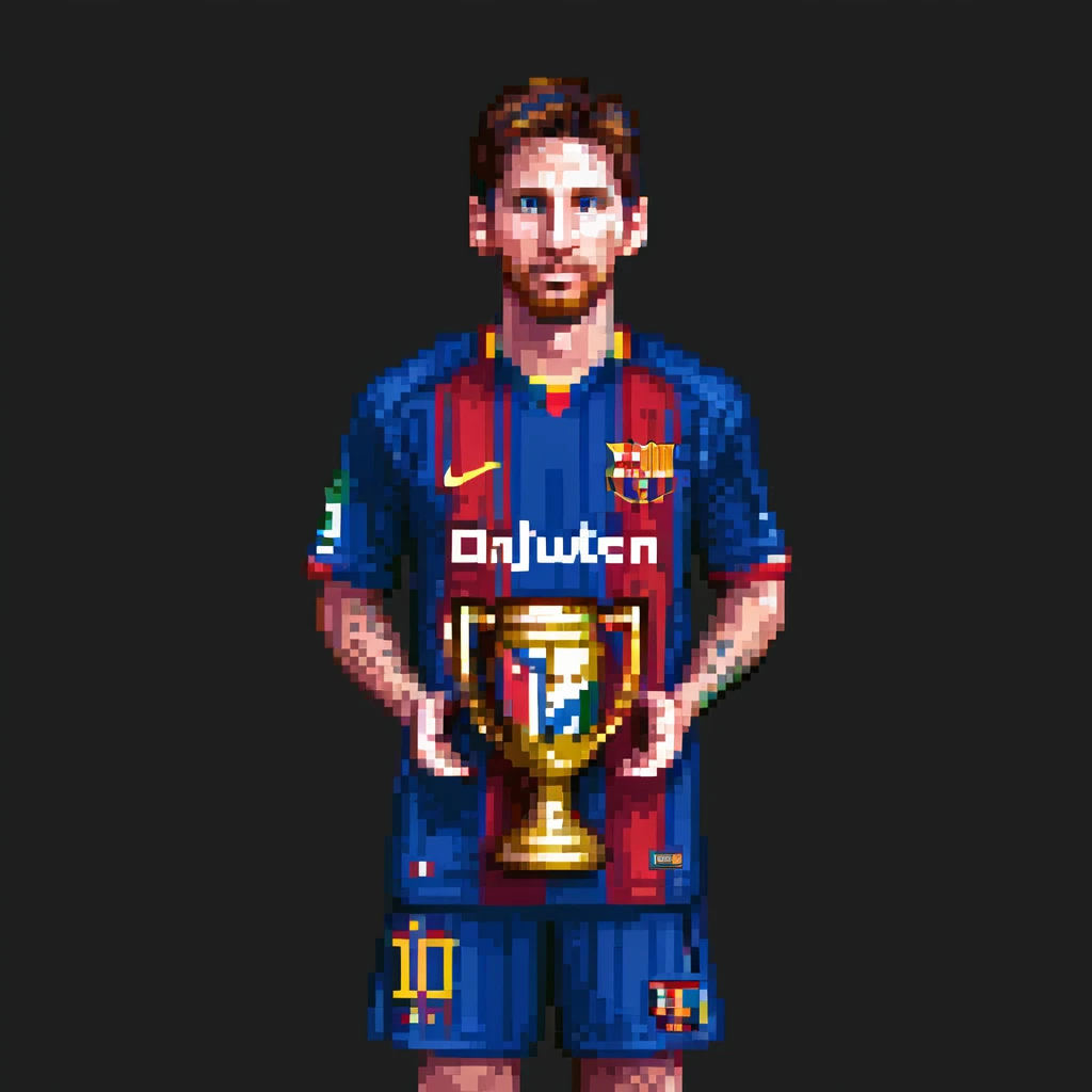 Lionel Messi with a trophy, pixel art style, detailed jersey emoji