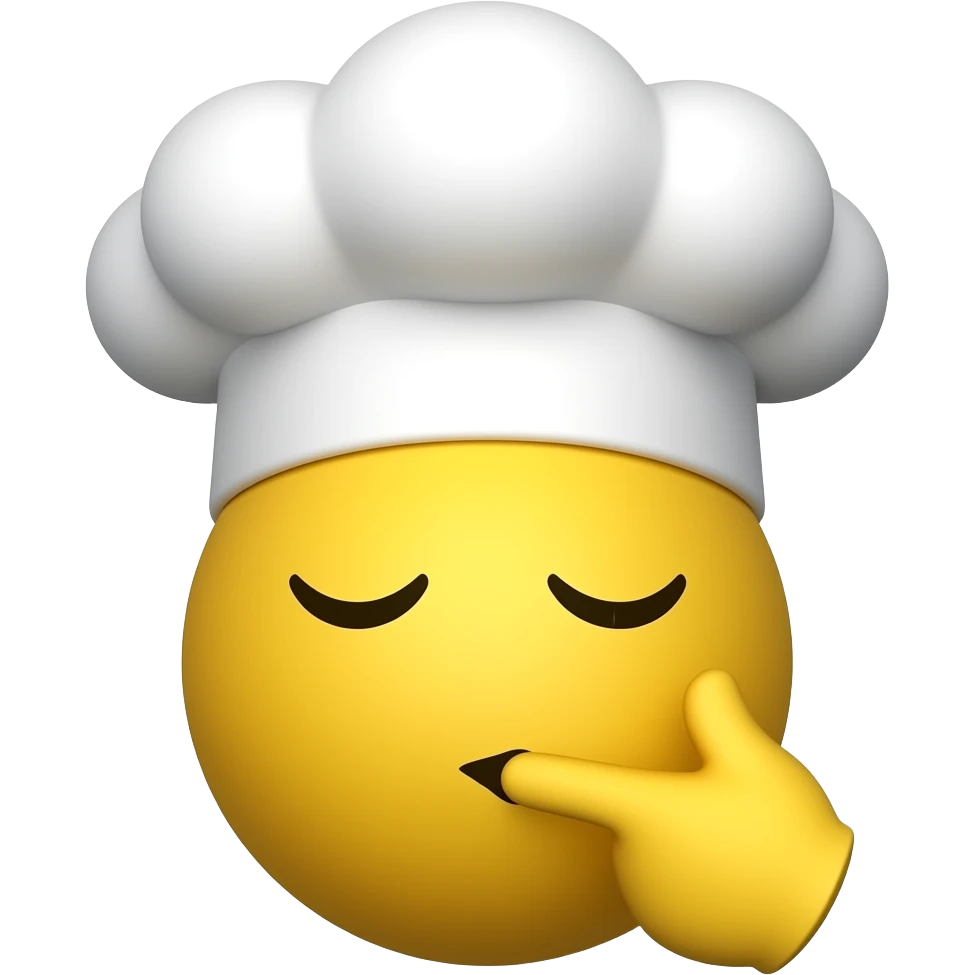 Minimalist chefs kiss emoji (singular chef head with the classic small yellow round emoji head look wearing a chefs hat with both of its eyes closed and it has one small hand (no arm attached to it) thats near its mouth and its kissing its hand blowing a kiss shape emoji