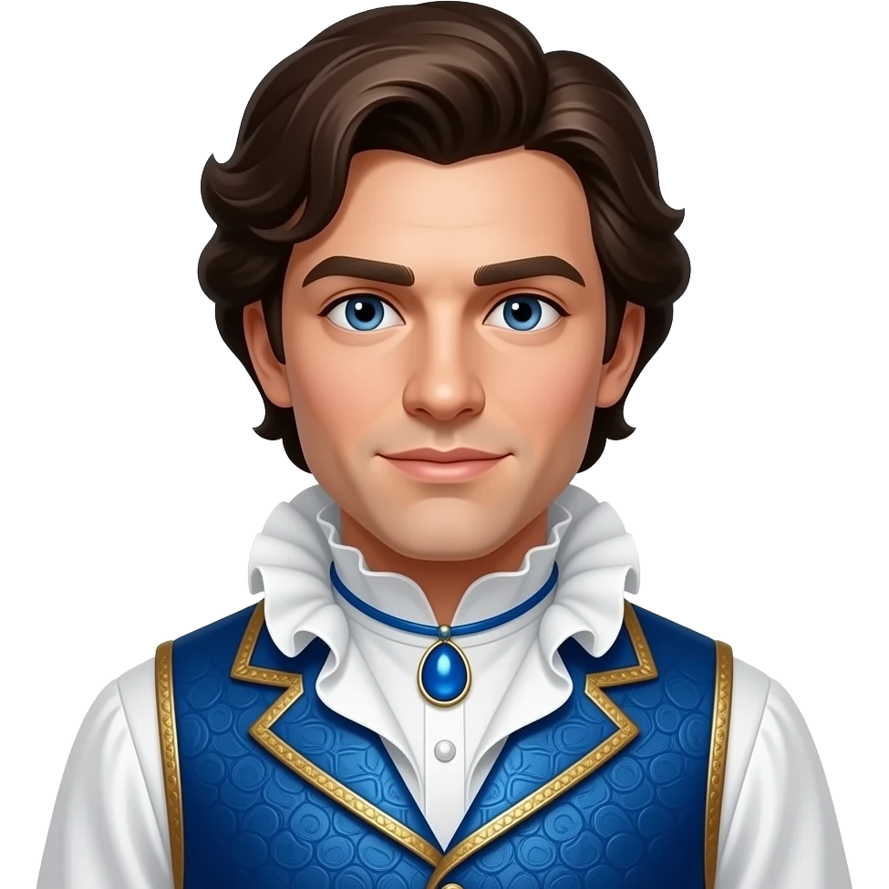 The Winkie Prince from The Wonderful Wizard of Oz with dark blue eyes, dark brown hair, white metallic ruffle shirt, blue metallic vest, blue necklace emoji