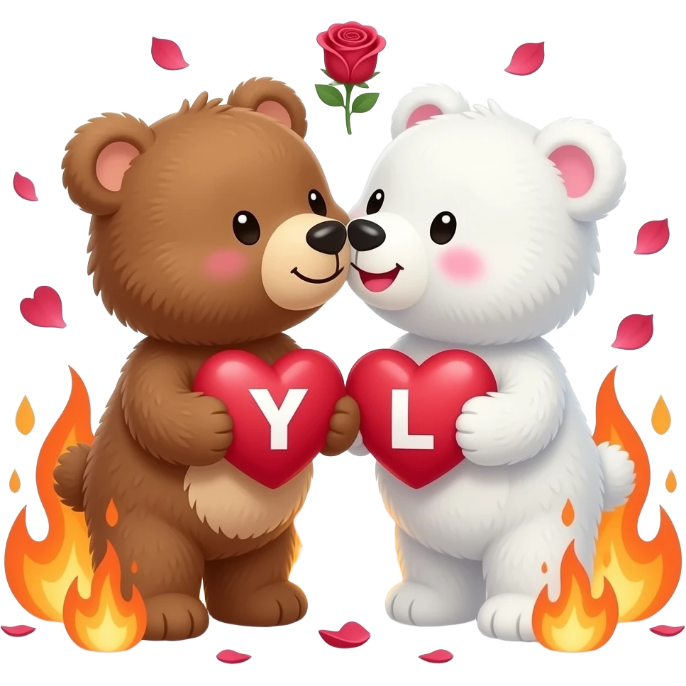 I want one light brown bear teddy kissing on cheek white bear teddy both holding heart surrounded fire , both a little furry, the  white bear blushes and smiles , add letter Y to the heart of the brown bear and letter L to the heart of the white bear , rose petals falling from sky , passion emoji
