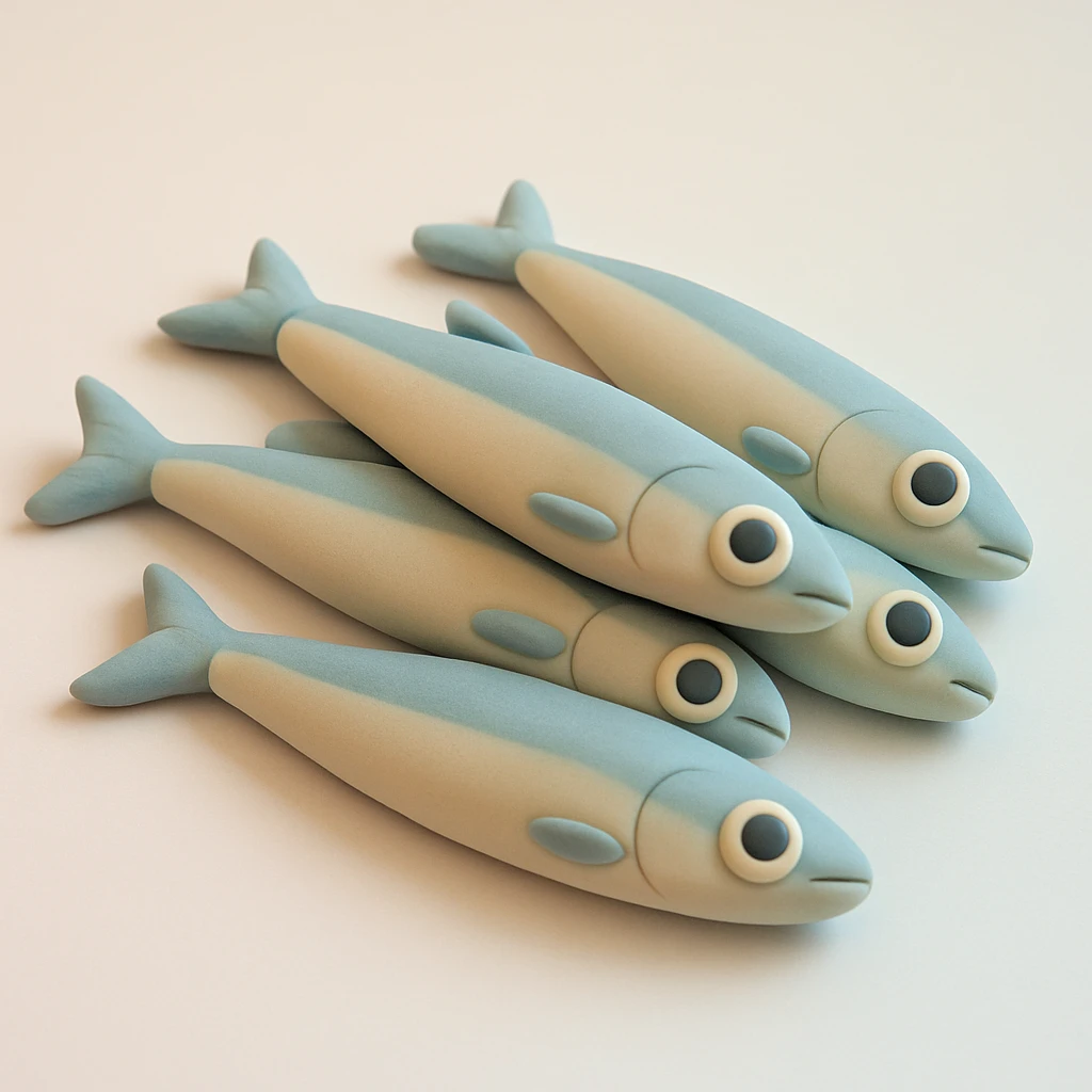 anchovies in fondant cake art style, pastel colors, soft and playful, no text emoji