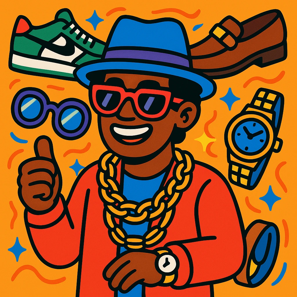 A charismatic person in the center with luxury accessories like high-end shoes, stylish glasses, gold chains, and watches arranged around them, modern illustration style, vibrant and colorful emoji