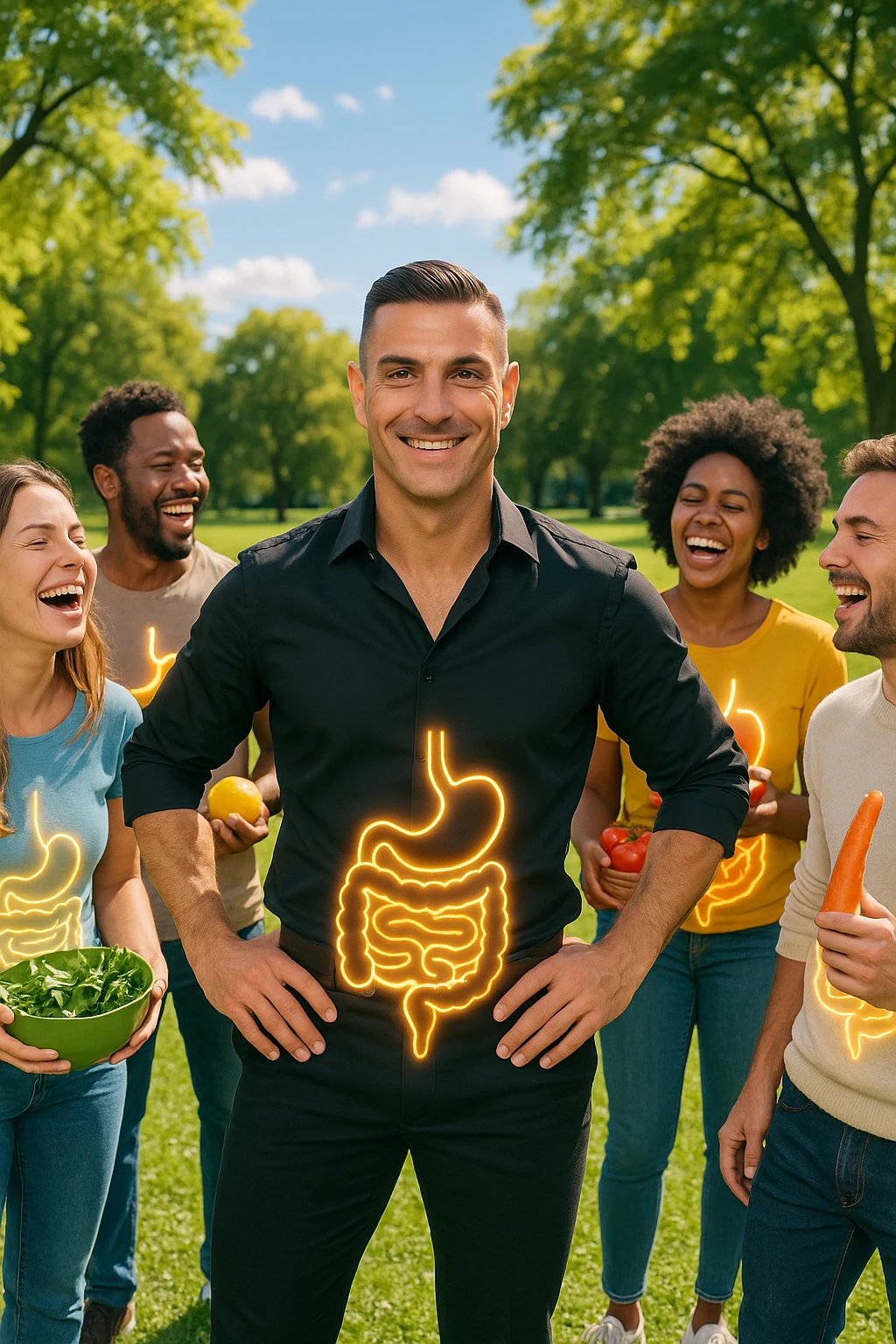  a smiling man stands at the center of a group of diverse, happy people in a bright park. Everyone has a subtle, glowing outline around their abdominal area, symbolizing a healthy gut. The group is laughing, sharing fresh fruits and vegetables, and the atmosphere is vibrant and full of energy. emoji