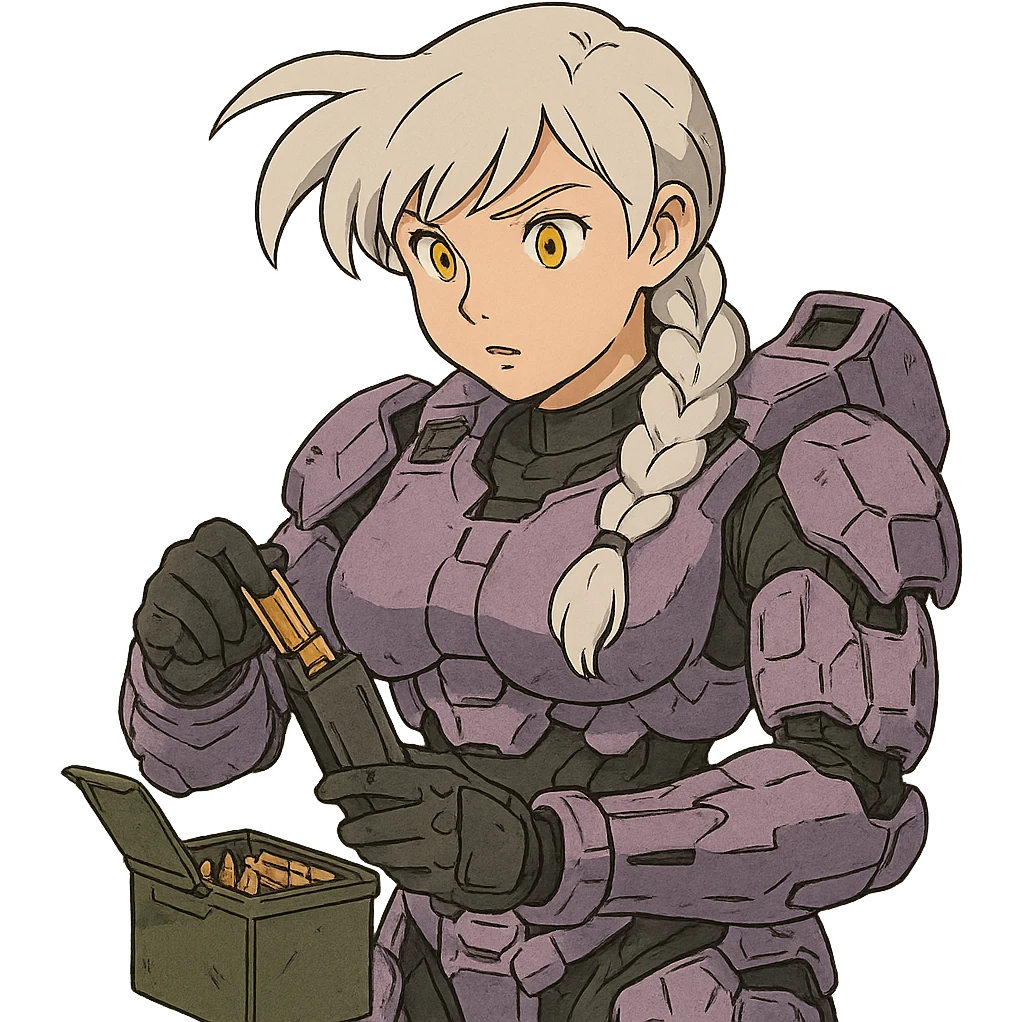 female, wearing reach spartan armor default, long white braid hair with massive messy front side single bangs, gold yellow eyes, attention pose, HALO:series, no helmet, the armor is lavender color scheme, shoulder pad off. DDD bust size fitting. Punk gothic cyberpunk, loading a magazine from a green ammo box emoji