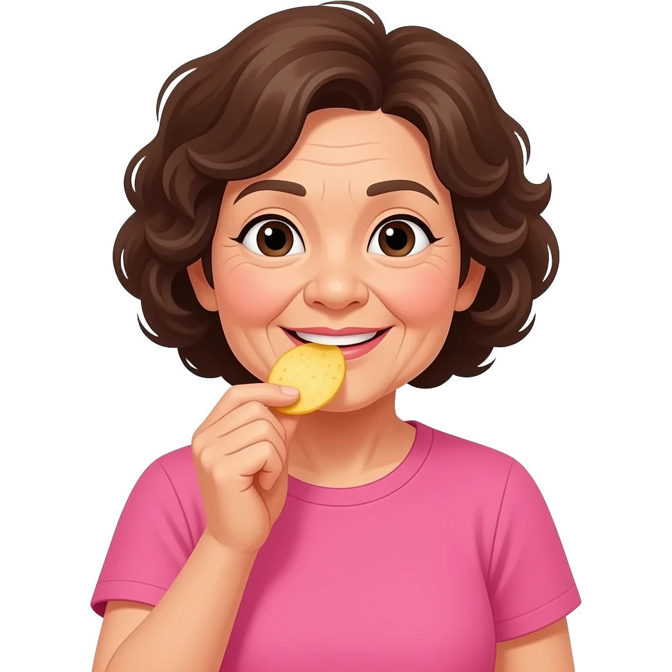Asian grandma wearing pink tshirt with curly short brown hair eating potato chips emoji