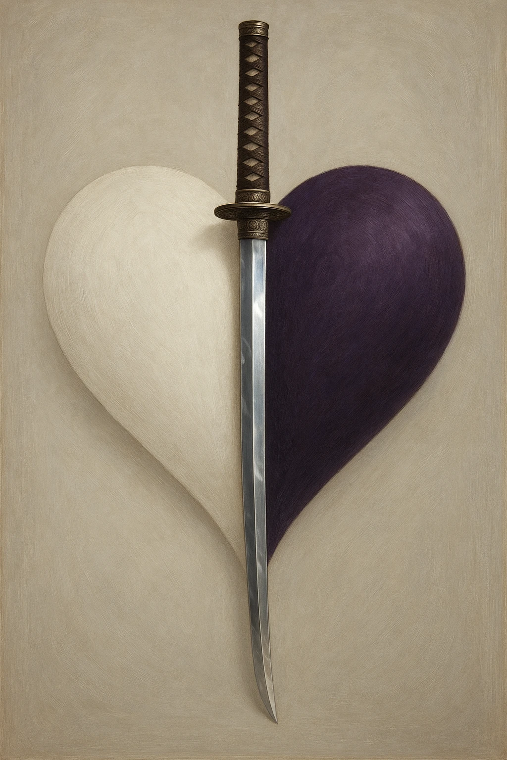 A refined katana planted in a symmetrical heart, clear division: half white, half purple, high-end artistic style, subtle details, reflections on the blade, elegant ambiance. emoji