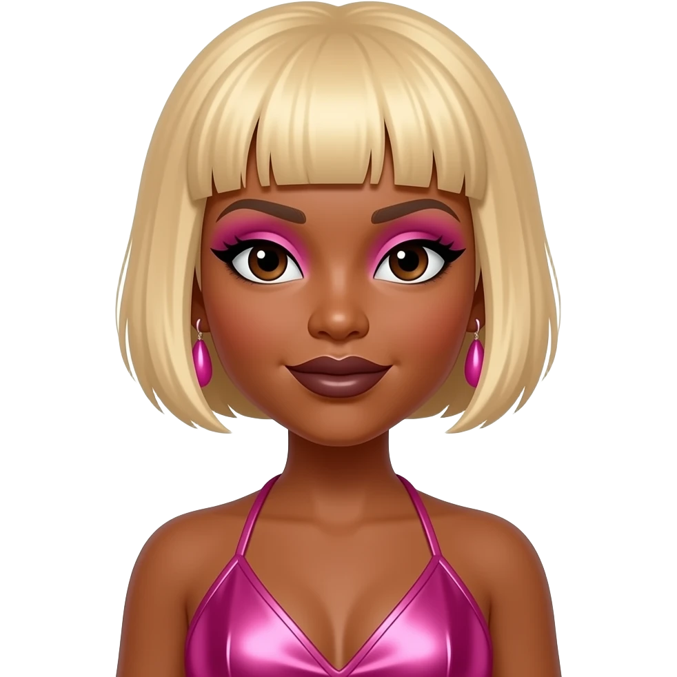 Tionne T-Boz Watkins from TLC with dark brown eyes, blonde 90s pixie flip hair, pink eyeshadow, dark brown lipstick, hot pink metallic halter dress, pink earrings emoji
