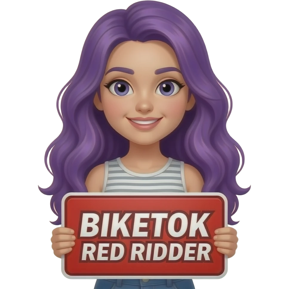 girl with long purple hair with a BIKETOK RED RIDER sign emoji