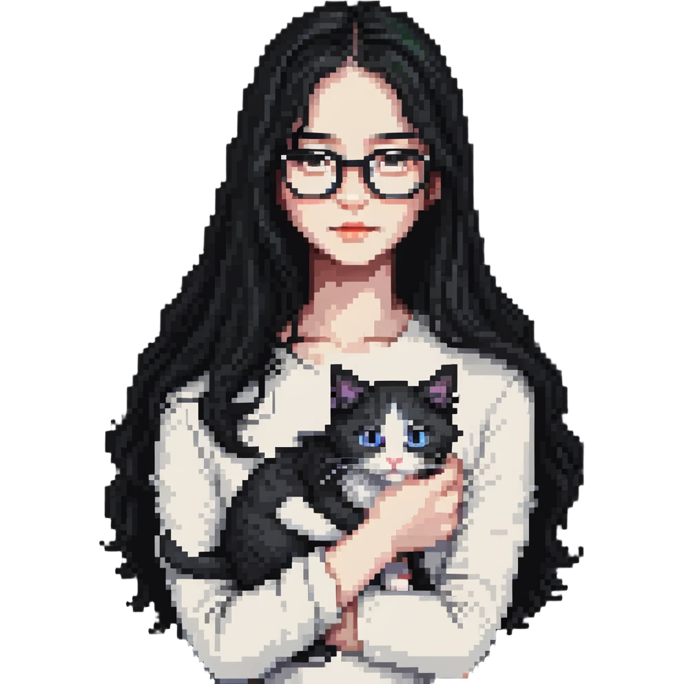Beautiful girl with long black hair and glasses holding a white kitten emoji