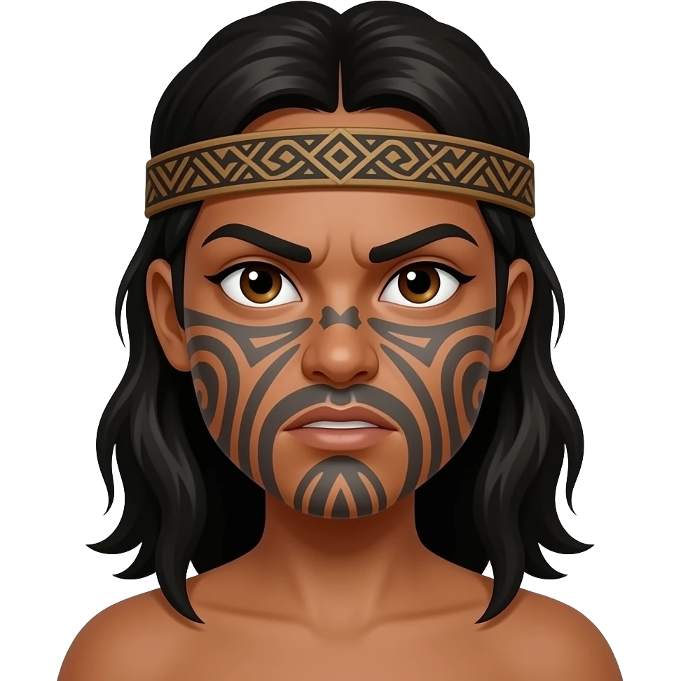 Maori warrior female with moko Kauwae on chin only dark skinned Taniko headband No tattoo around mouth fierce and wide eyed emoji
