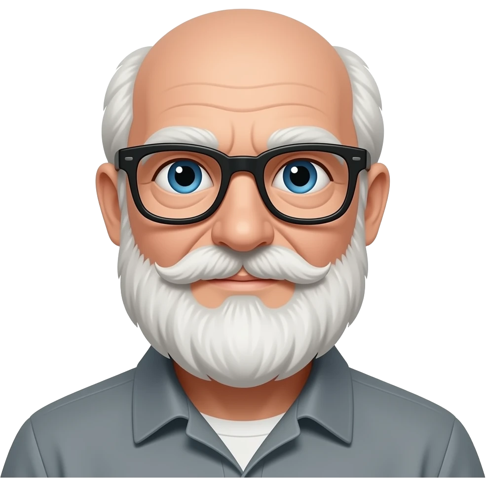 old bald man with white beard, blue eyes, black glasses emoji