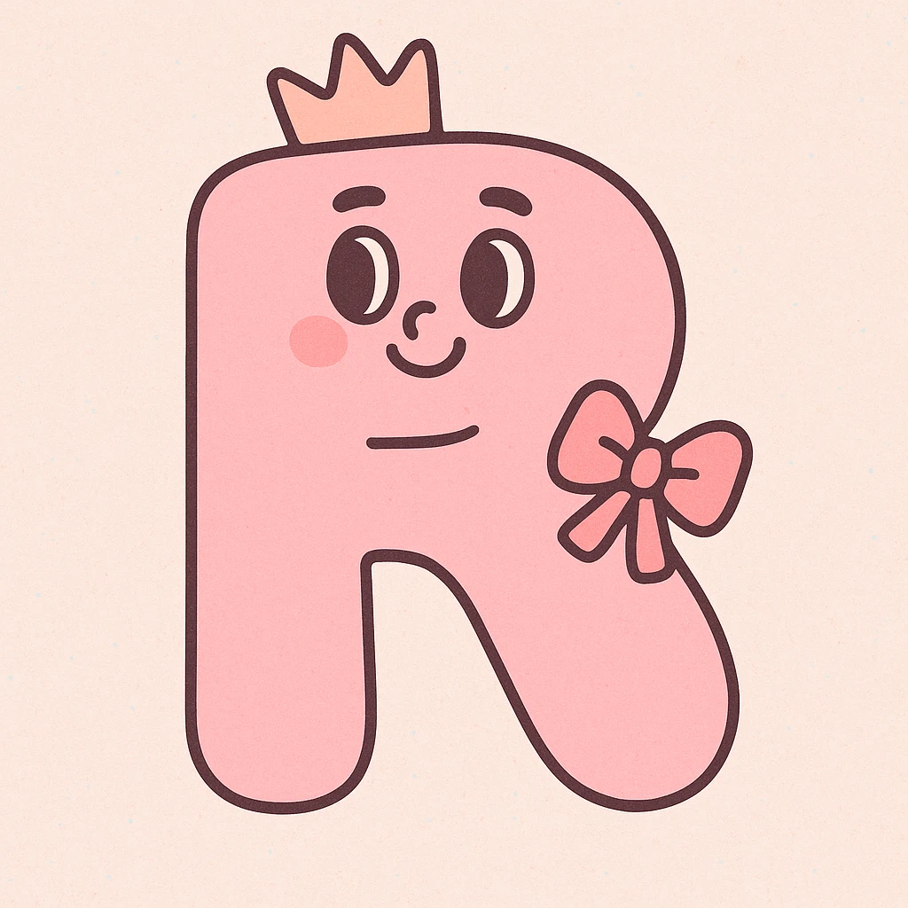 soft pastel illustration style pink letter R wearing a pink crown and a bow emoji