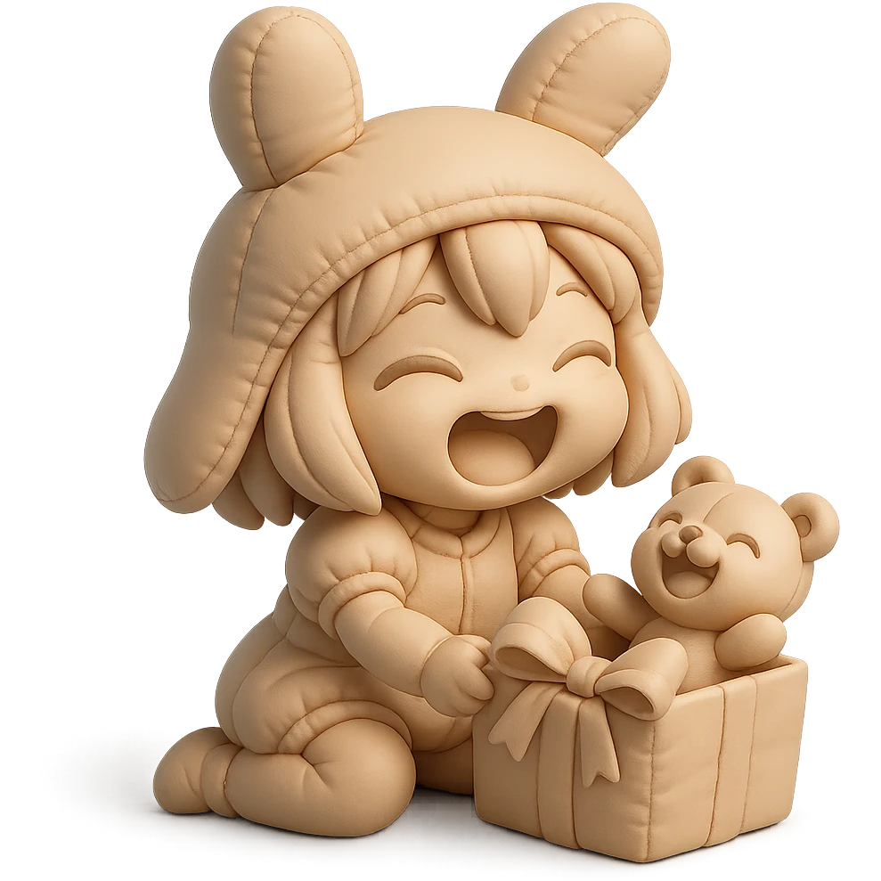 full-body laughing chibi girl in bunny hat opening glittery gift box with laughing teddy bear inside, cushion style emoji