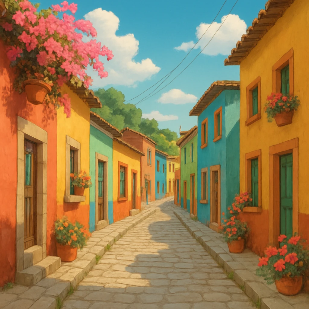 Ghibli style Mexican street with colorful houses and flowers emoji