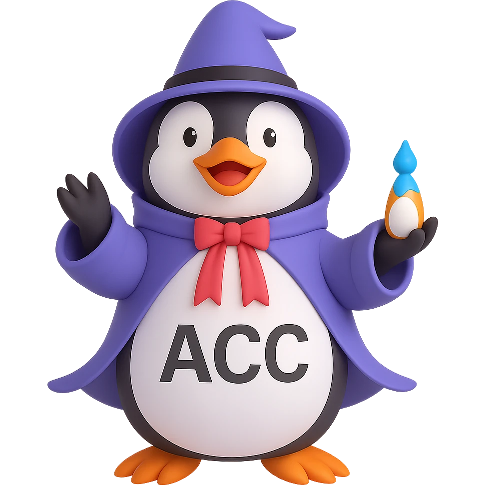 Add the text 'ACC' in a clear, bold font on the penguin's stomach. Keep the 3D emoji style with a focus on making the text easy to read and well integrated with the existing 3D emoji design. emoji