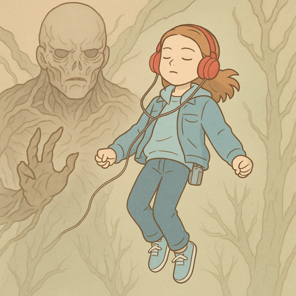 Iconic Stranger Things scene: Max listening to music with red headphones, floating in the air, with Vecna in the background, in simple line style with light pastel tones and thick outlines, Ghibli style, square 1:1 format. emoji