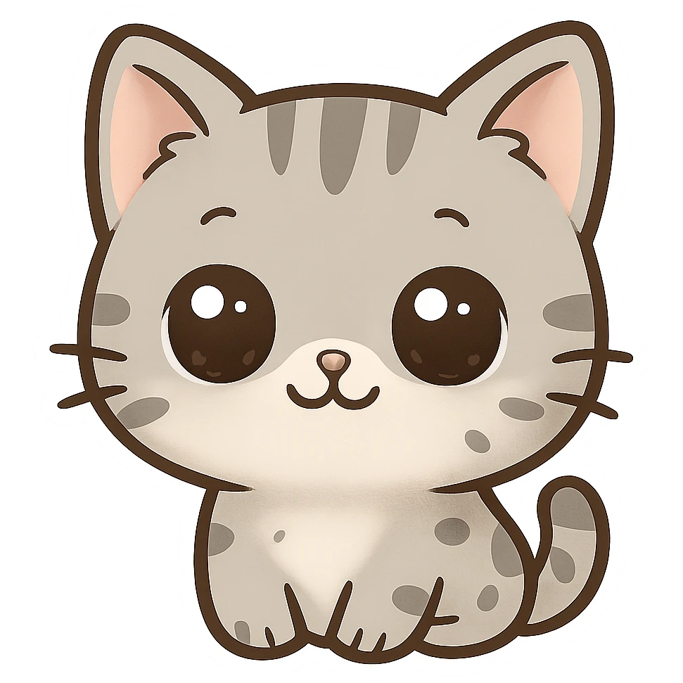 Cute emoji of a small gray cat with black spots, big shiny kawaii eyes, tiny pink nose, and a sweet smiling expression. Minimalist design, clean vector style, high resolution, soft pastel colors, with a transparent background. emoji