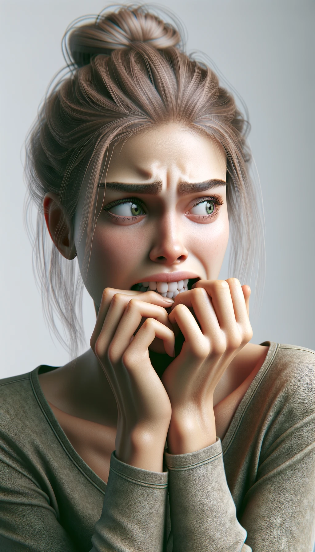 DONNA  che si mangia le unghie per il nervosismo, sfondo chiaro, iperrealistica 4k emoji