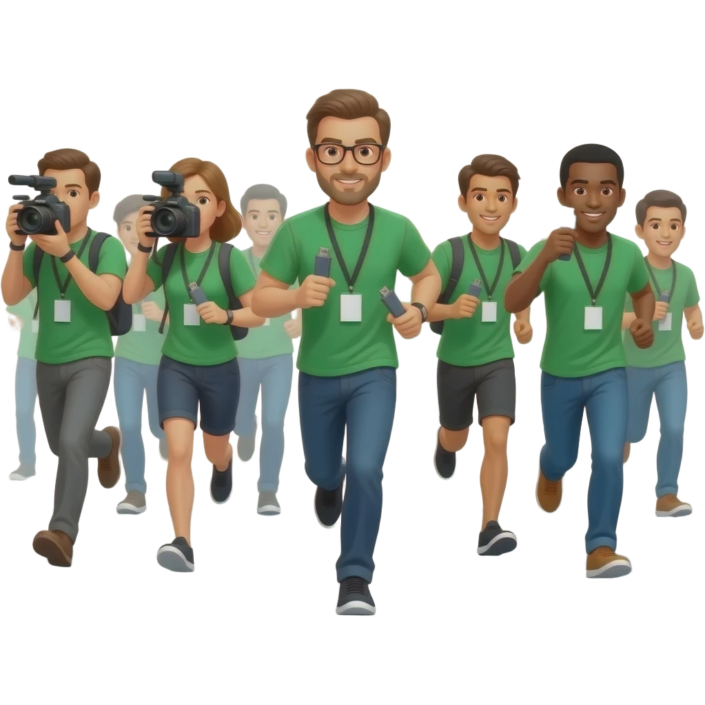 много журналистов в зеленых футболках бегут с камерами и флешками emoji